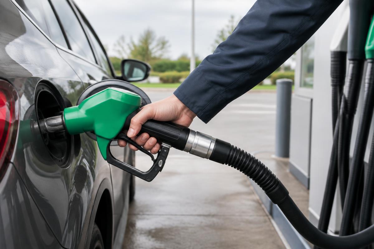 Driver refuelling a car with a green petrol pump nozzle at a UK forecourt
